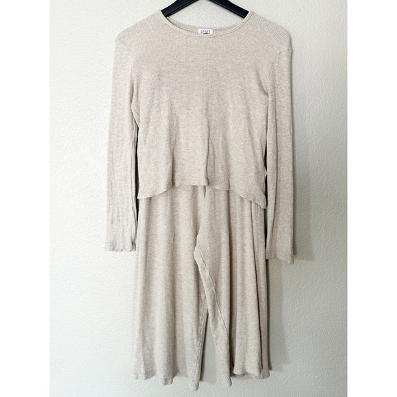 LESET Pants - Leset Waffle Knit Lounge Set Oatmeal Beige Long Sleeve Top Wide Leg Pants Small